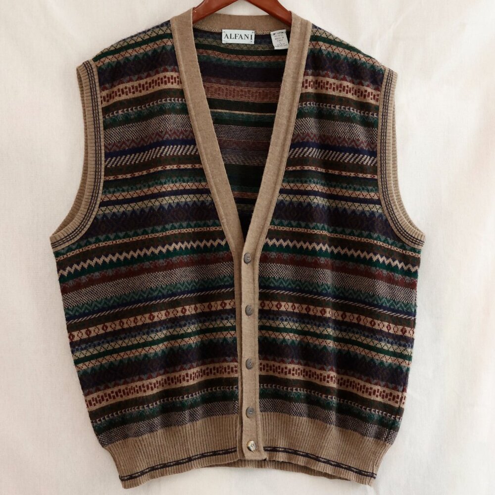 Italian Wool Blend Button Front Sweater Vest Large Multi Geo Pattern Fair Isle
